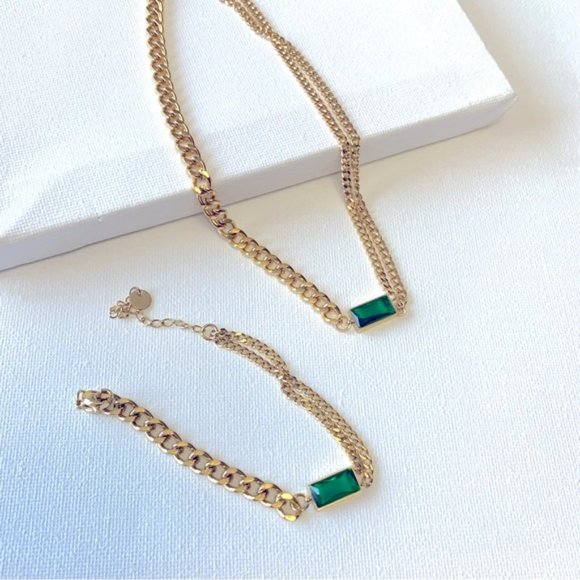18K Gold Plated Vintage Emerald Asymmetric Cuban Necklace - Picture 8 of 12